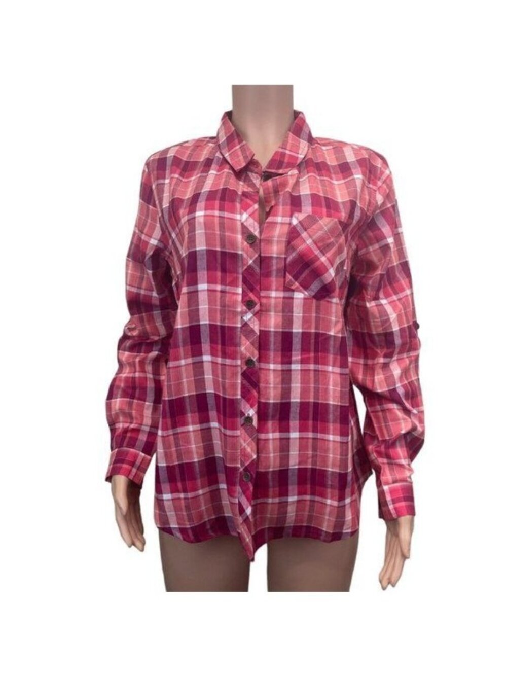 Metropolitan Women Pink Plaid Button-Up Shirt SZ Large 100% Cotton